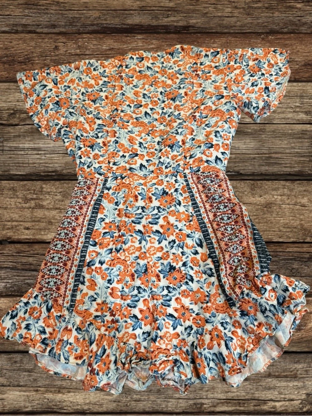 Free People Surf Date Romper Orange Floral Cut Out Tie Front Boho Size XS